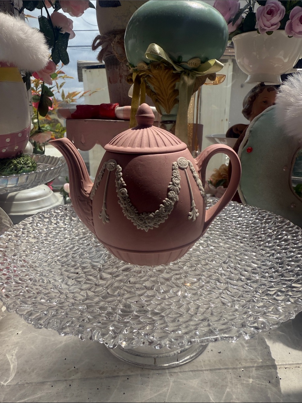 Pink Jasperware-Style Teapot with White Relief